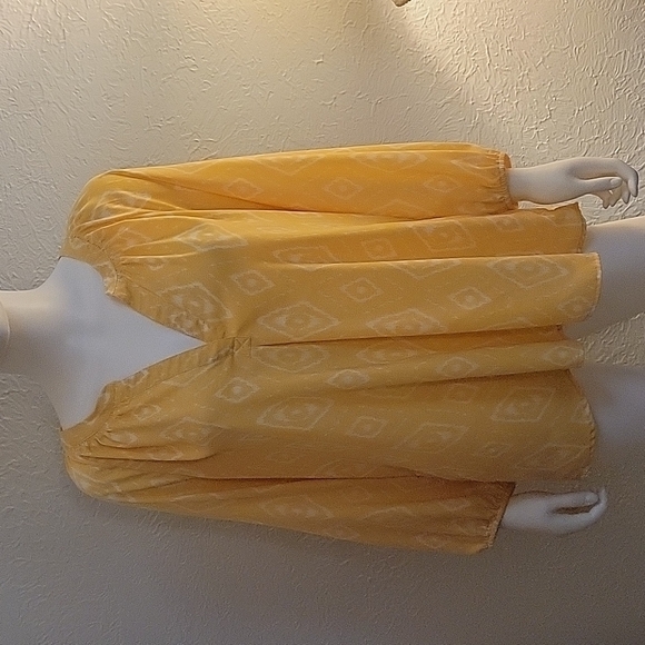 3/$30 SIONI Yellow Geometric Ikat Split Neck Poet Blouse - Picture 3 of 9